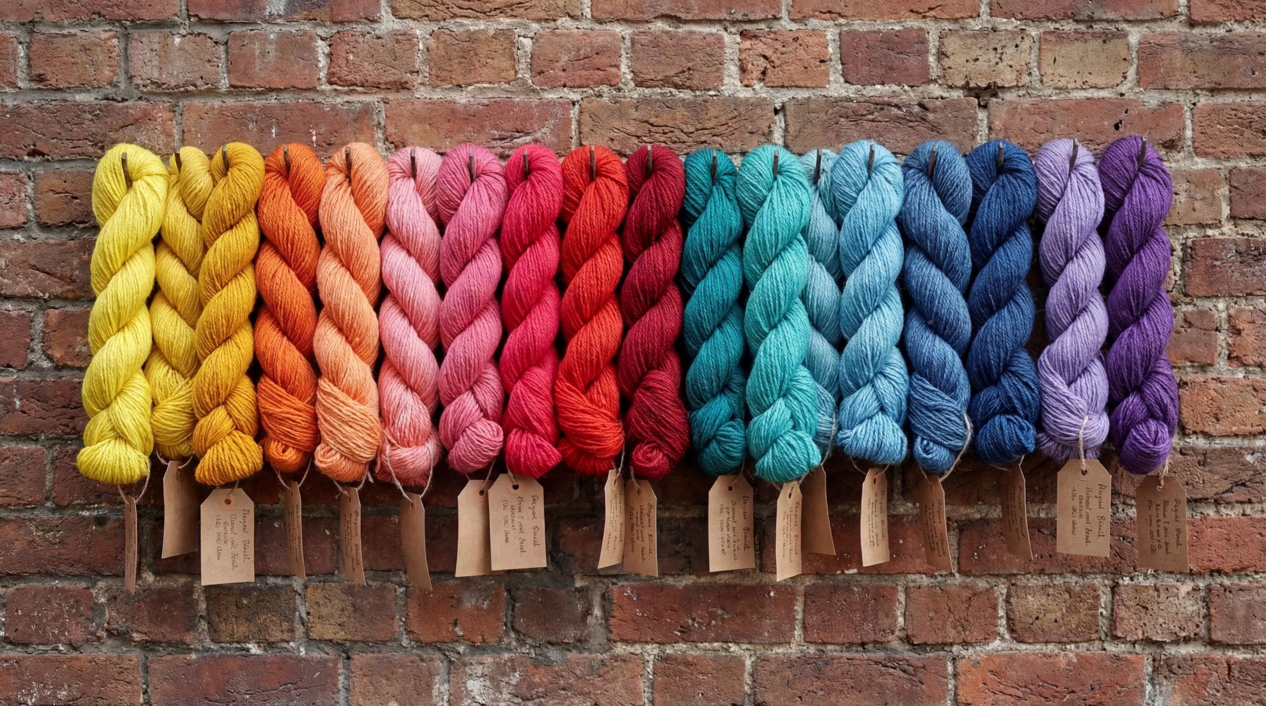 Colorful yarn displayed against a brick wall